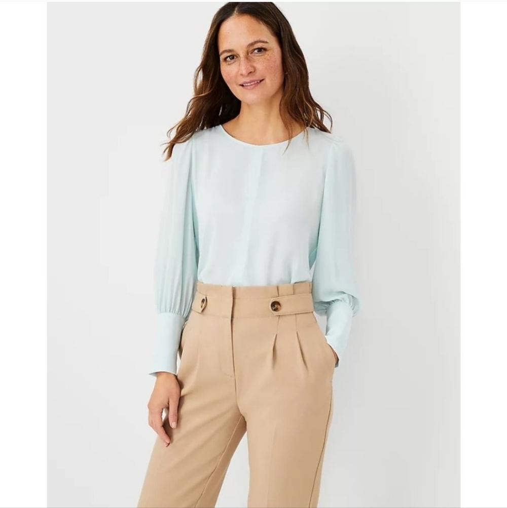 Ann Taylor Mixed Media Puff Sleeve Top Soft Blue Small